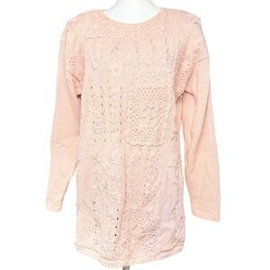 Vintage Kathy Lee Ramie Cotton Patchwork Knit Sweater Pink Embroidered Womens L